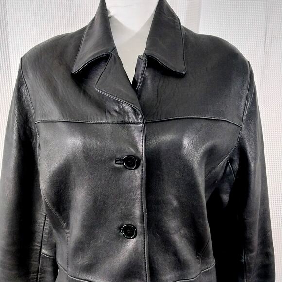 CHARLES KLEIN! SLEEK, CHIC BLACK GENUINE LEATHER TAILORED JACKET, COAT! SZ M - Picture 4 of 12
